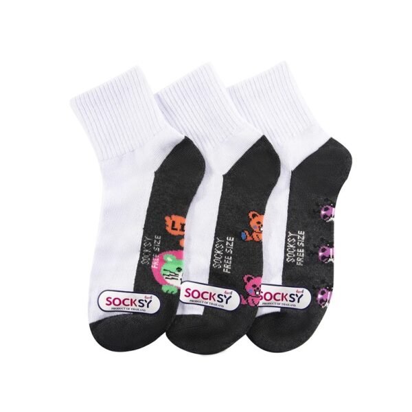 Socksy ถุงเท้านักเรียนขาวพื้นเทาปักการ์ตูน รุ่น BN140 (แพ็คสุดคุ้ม12คู่)